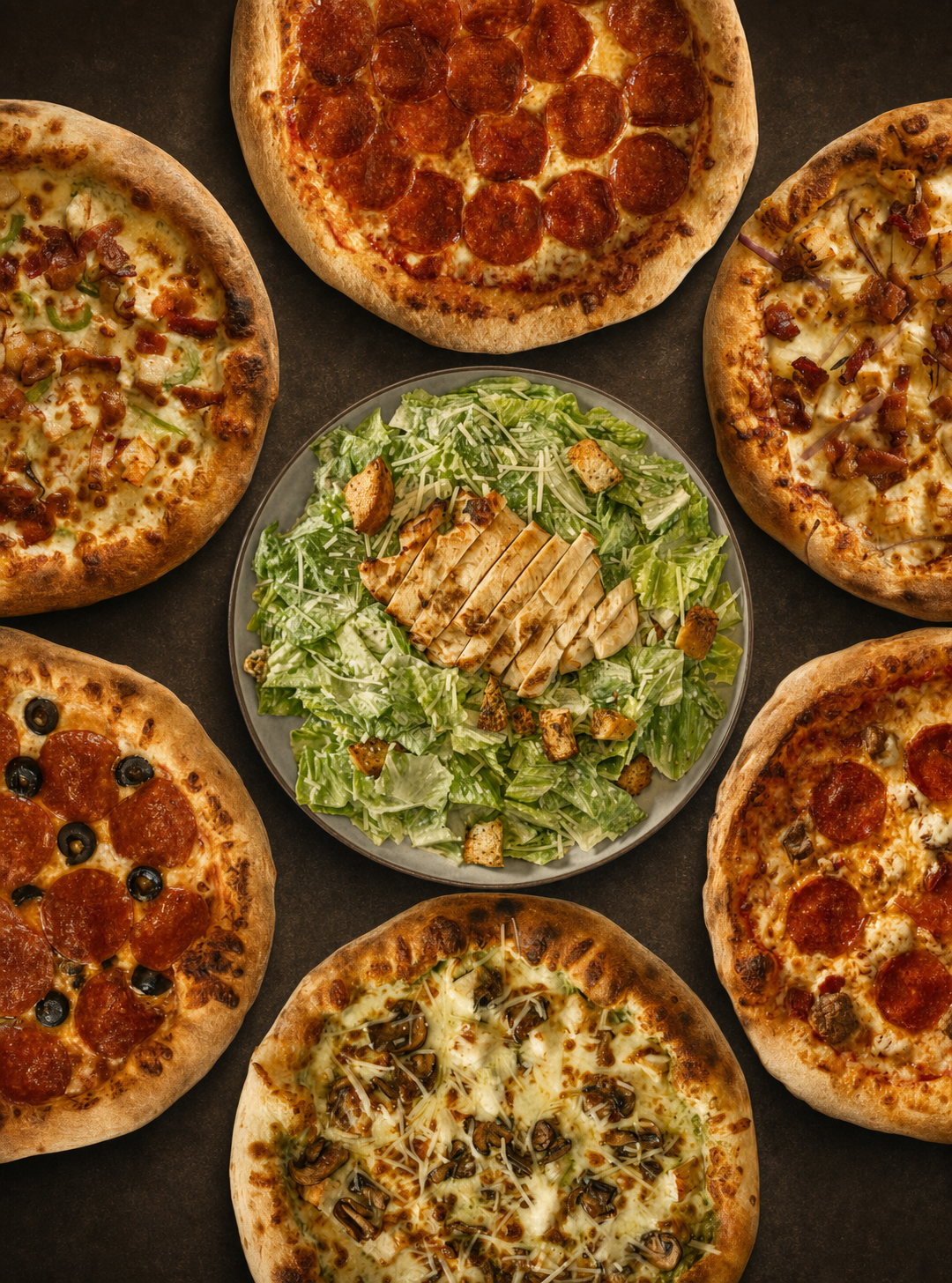 An overhead spread of Half Pint artisan pizzas around a Caesar salad